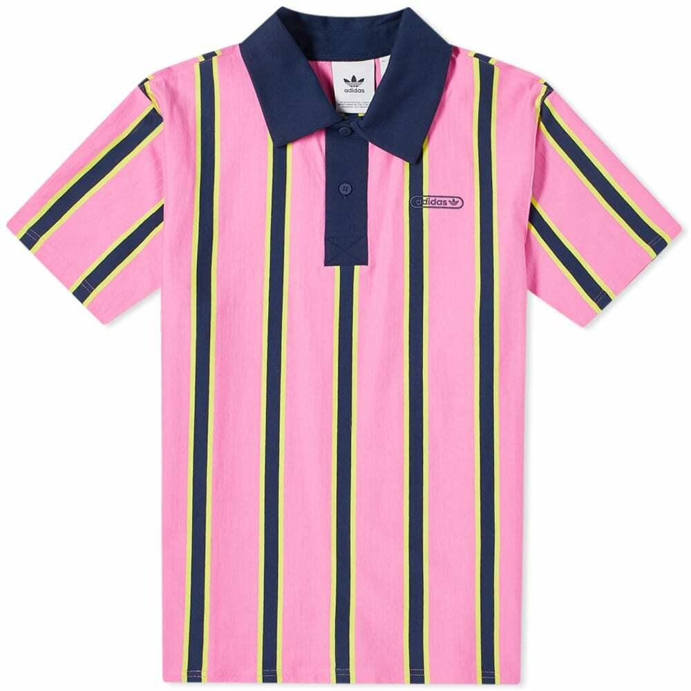 Photo: Adidas Men's Stripe Polo Shirt in Screaming Pink/Yellow/Navy