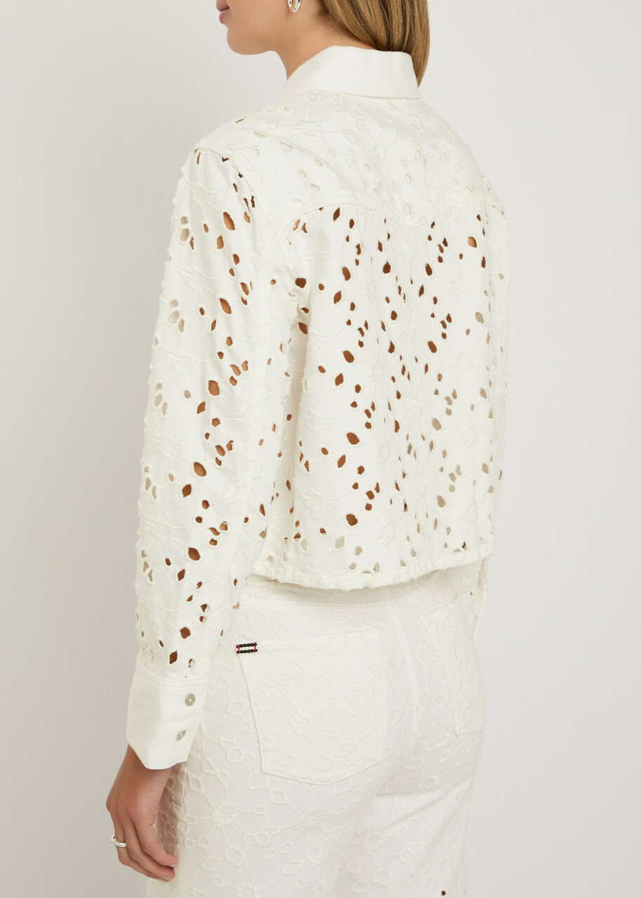 Alice + Olivia Finely Cutwork Embroidered Denim Shirt White