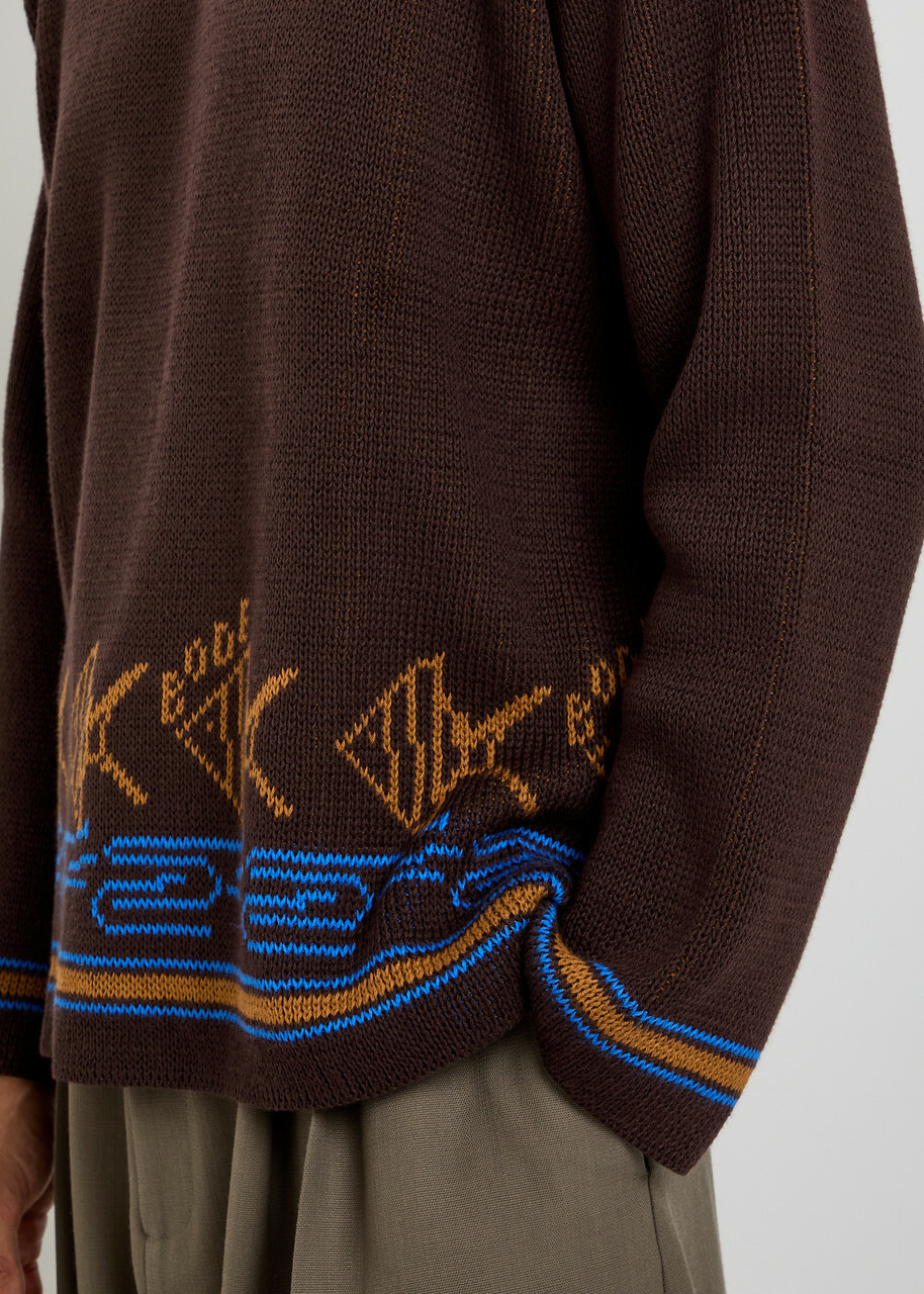 Bode Fish School Intarsia Cotton Jumper Brown