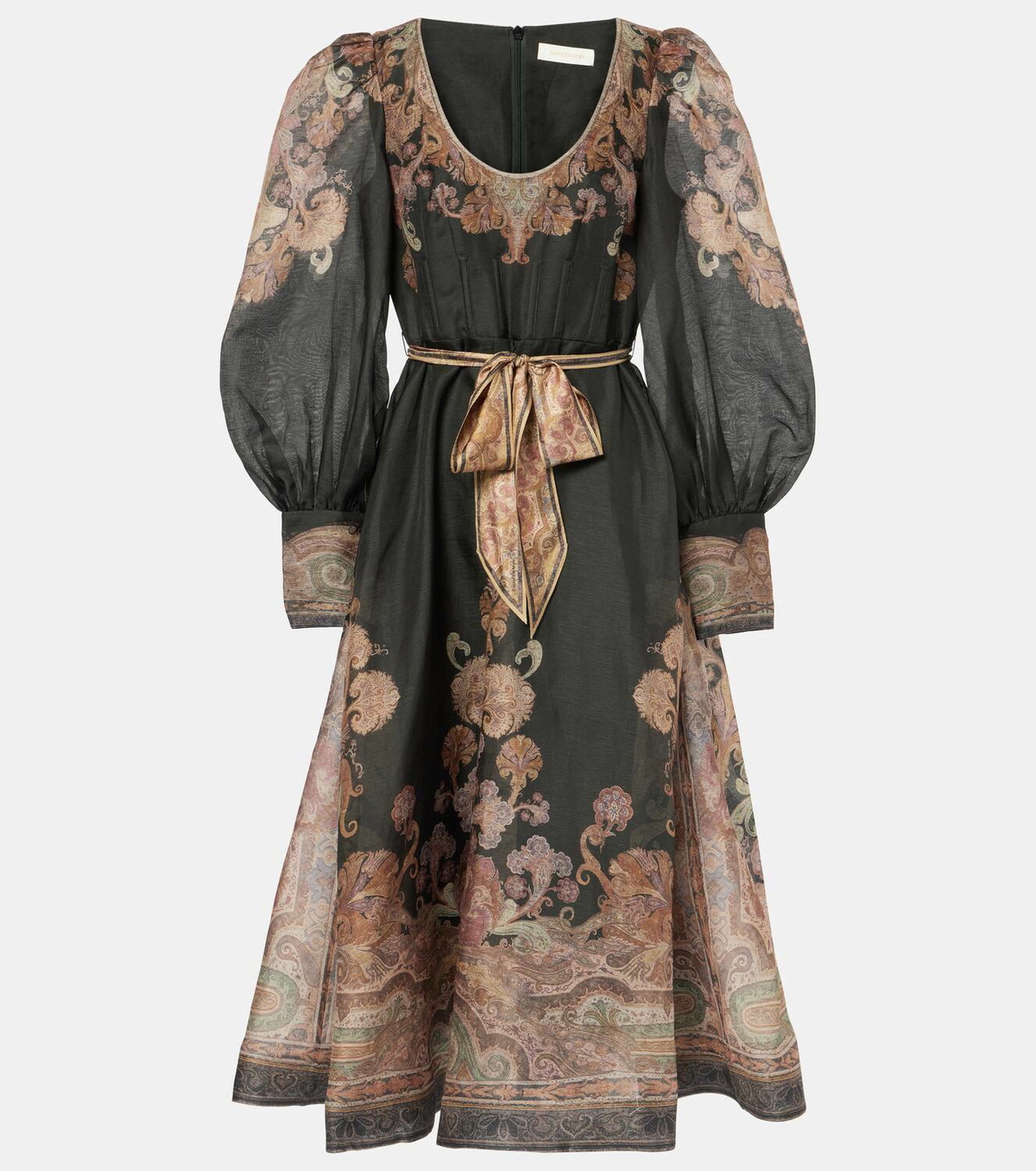 【Zimmermann】Illustration linen and silk midi dress ZIMMERMANN Illustration pleated printed linen and silk-blend