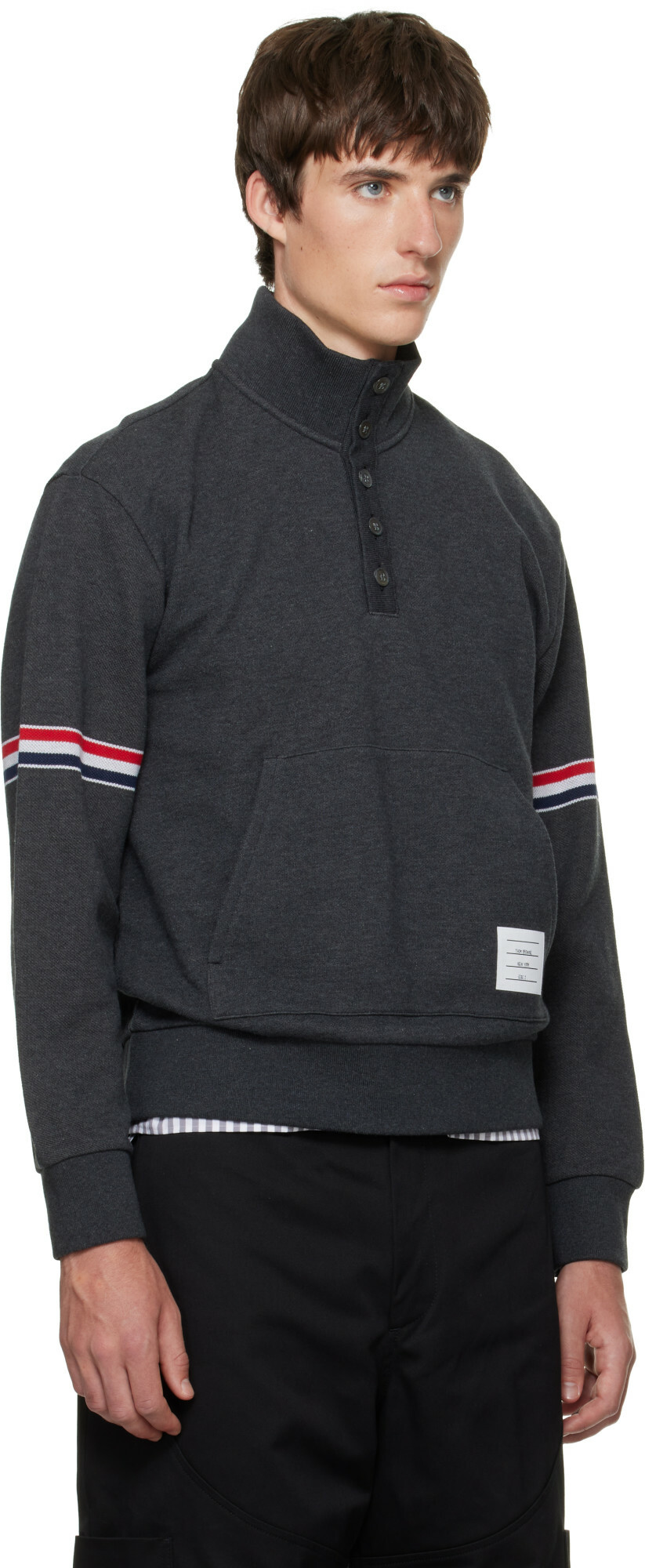 Thom Browne Gray Funnel Neck RWB Pique Loopback Sweatshirt