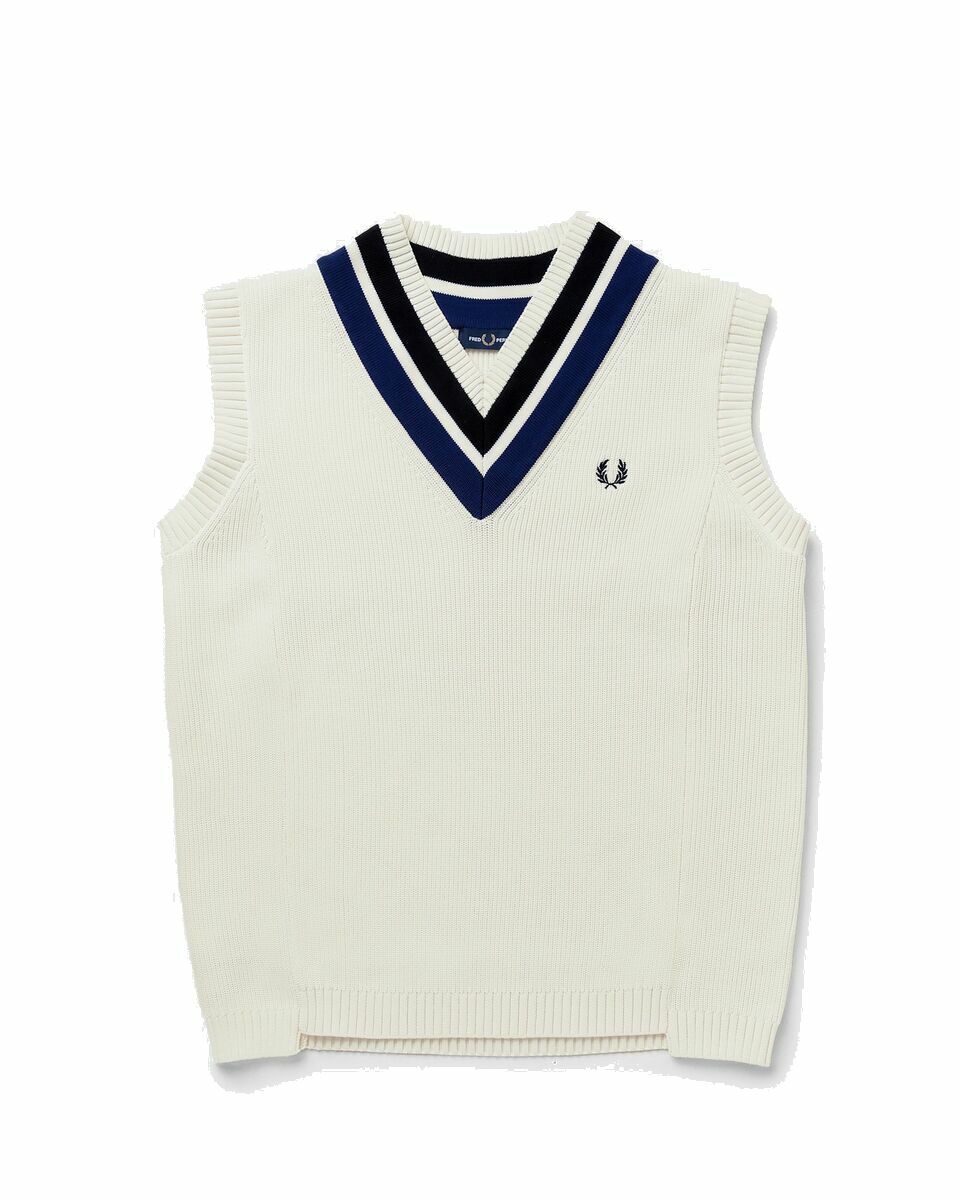 Photo: Fred Perry Striped V Neck Knitted Tank White - Mens - Vests