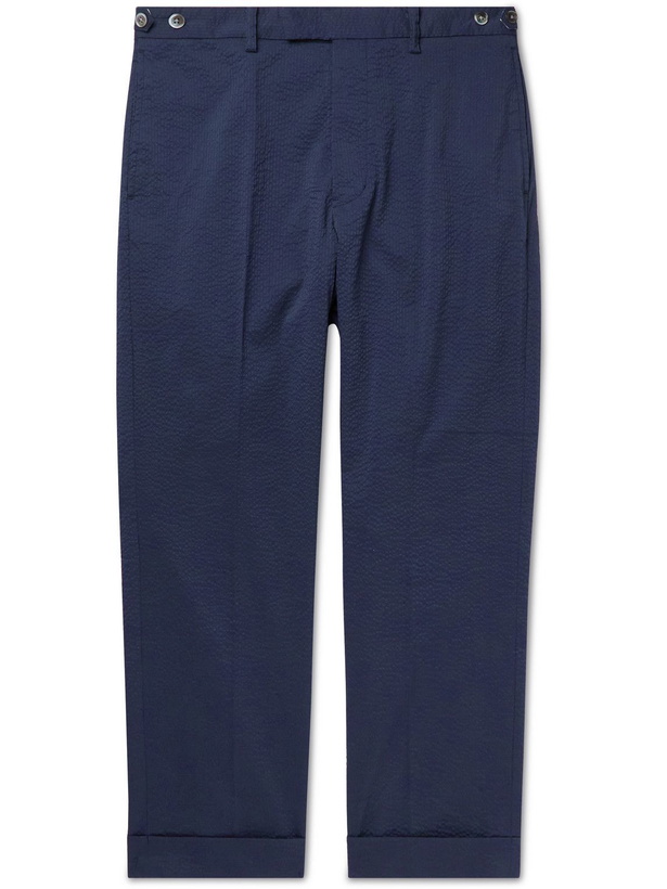 Photo: Beams Plus - Cropped Tapered COOLMAX Seersucker Trousers - Blue