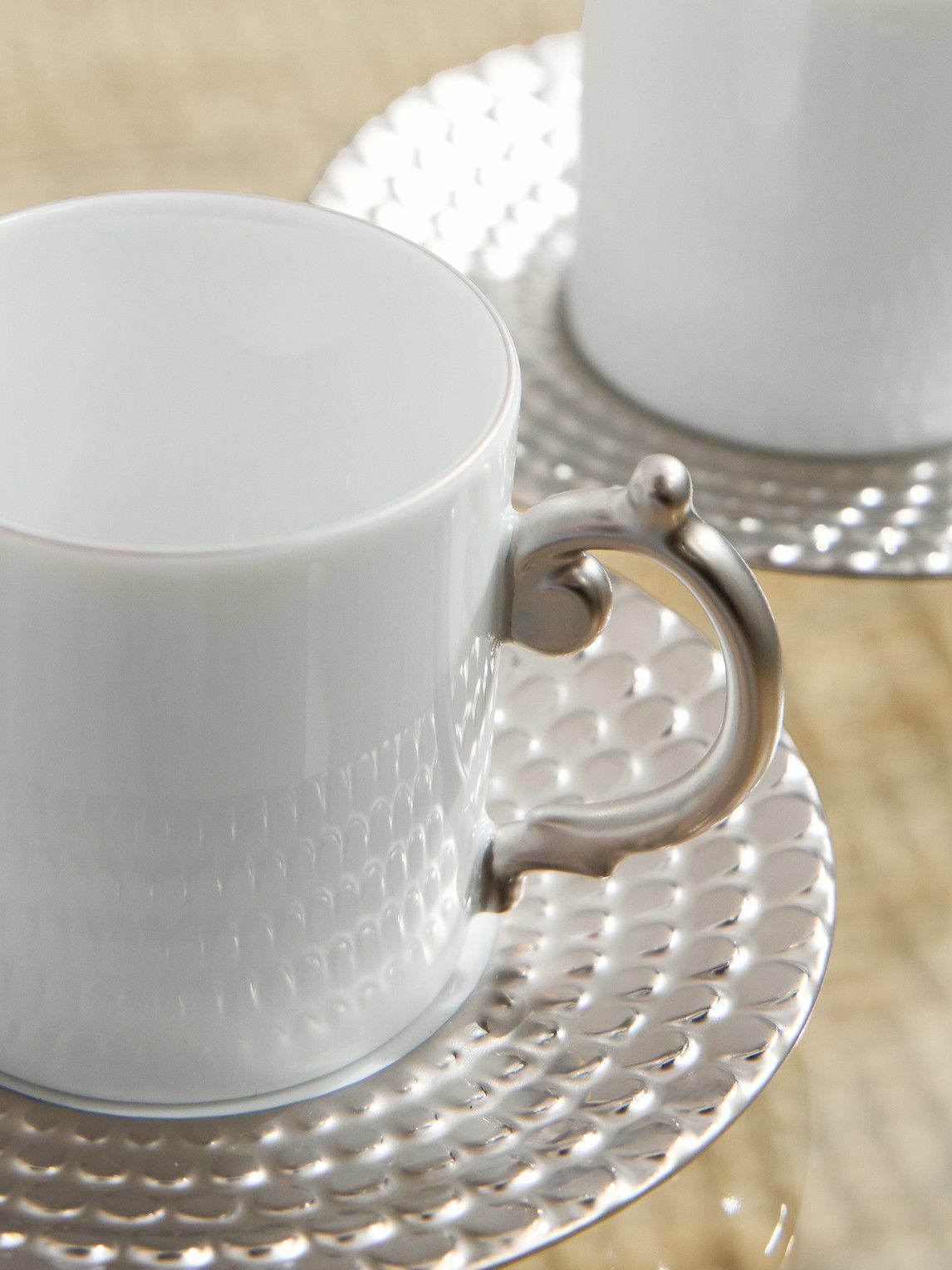 L'Objet - Corde Set of Six Platinum-Plated Porcelain Espresso Cups and Saucers