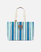 Pinko Maxi Shoulder Bag In Striped Fabric Orange/Light Blue Antique Gold