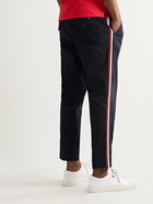 MONCLER - Tapered Grosgrain-Trimmed Stretch-Cotton Twill Trousers - Blue