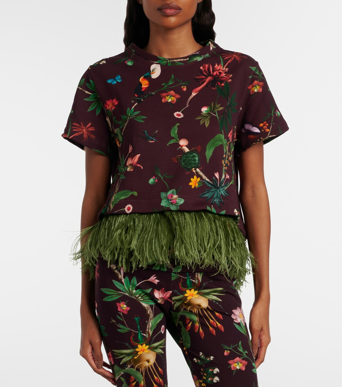 La DoubleJ La Scala feather-trimmed printed cotton T-shirt