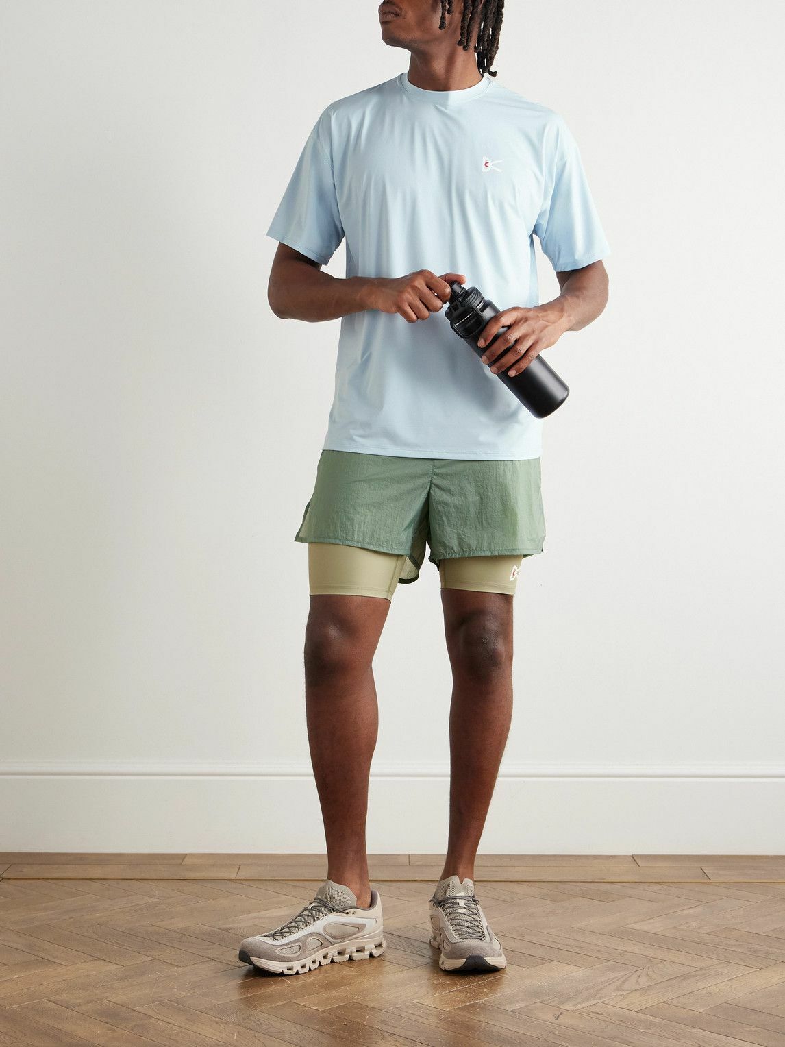 DISTRICT VISION - Straight-Leg Layered Logo-Print Stretch-Jersey and Shell Drawstring Shorts - Green