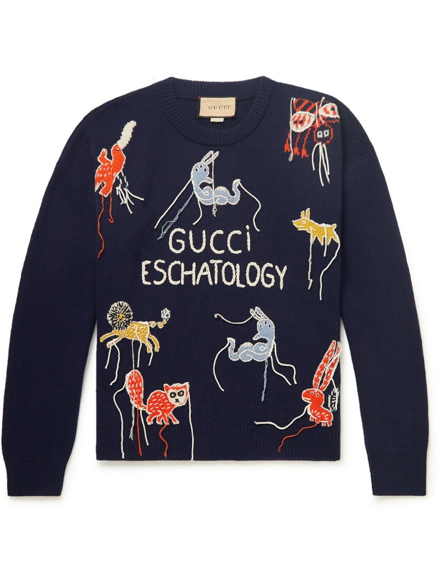 Photo: GUCCI - Embroidered Intarsia Wool Sweater - Blue