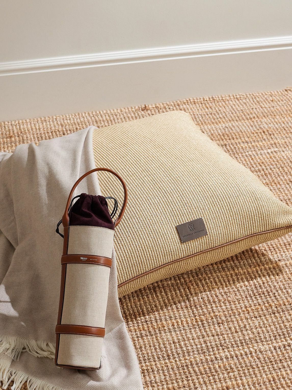 Photo: Brunello Cucinelli - Leather-Trimmed Raffia-Effect Cotton-Blend Cushion