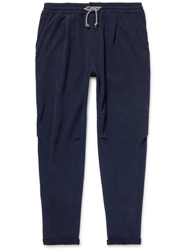 Photo: Brunello Cucinelli - Tapered Pleated Cotton-Jersey Sweatpants - Blue