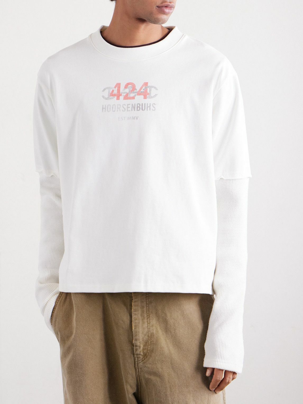 424 - HOORSENBUHS Layered Logo-Print Cotton-Jersey and Waffle-Knit T-Shirt - Neutrals