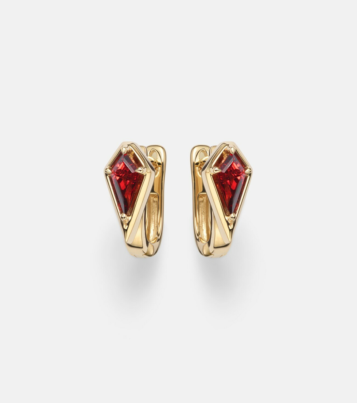 Stone and Strand Kite 14kt gold huggie earrings with garnet