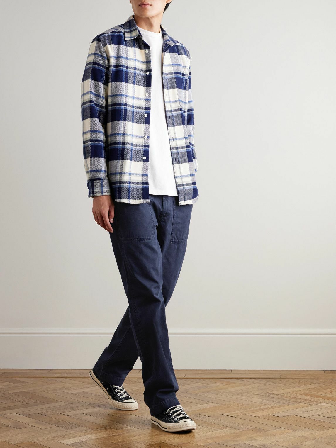 Hartford - Fatigue Straight-Leg Garment-Dyed Herringbone Cotton-Gabardine Trousers - Blue