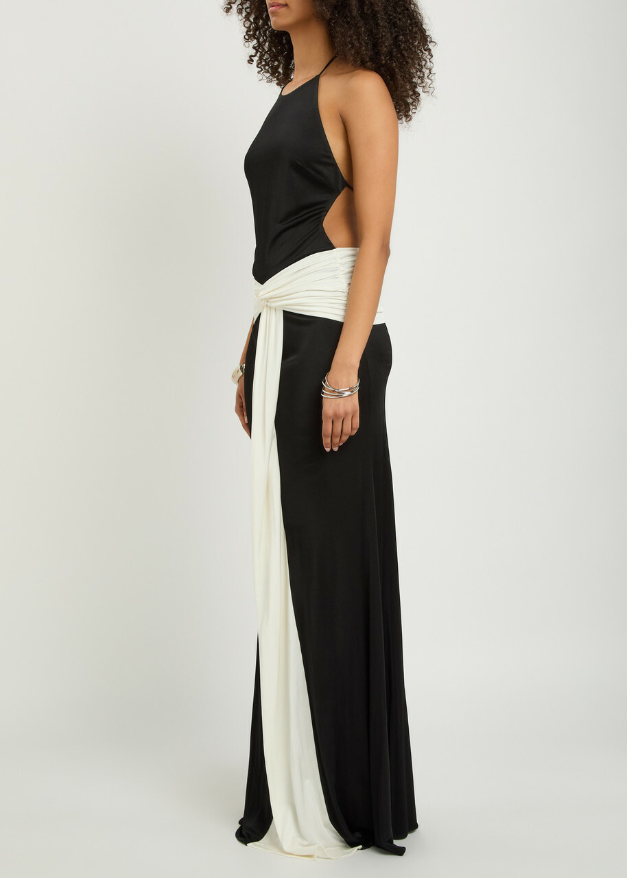 The New Arrivals Ilkyaz Ozel Euphorie Colour-block Ruched Stretch-jersey Maxi Dress Black And White