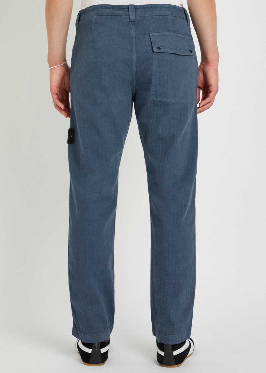 Stone Island Logo-appliquéd Herringbone Cotton Trousers Blue Dark