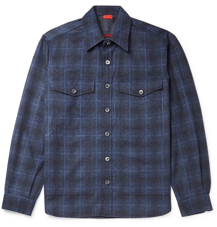 Photo: Isaia - Checked Wool and Cashmere-Blend Overshirt - Blue