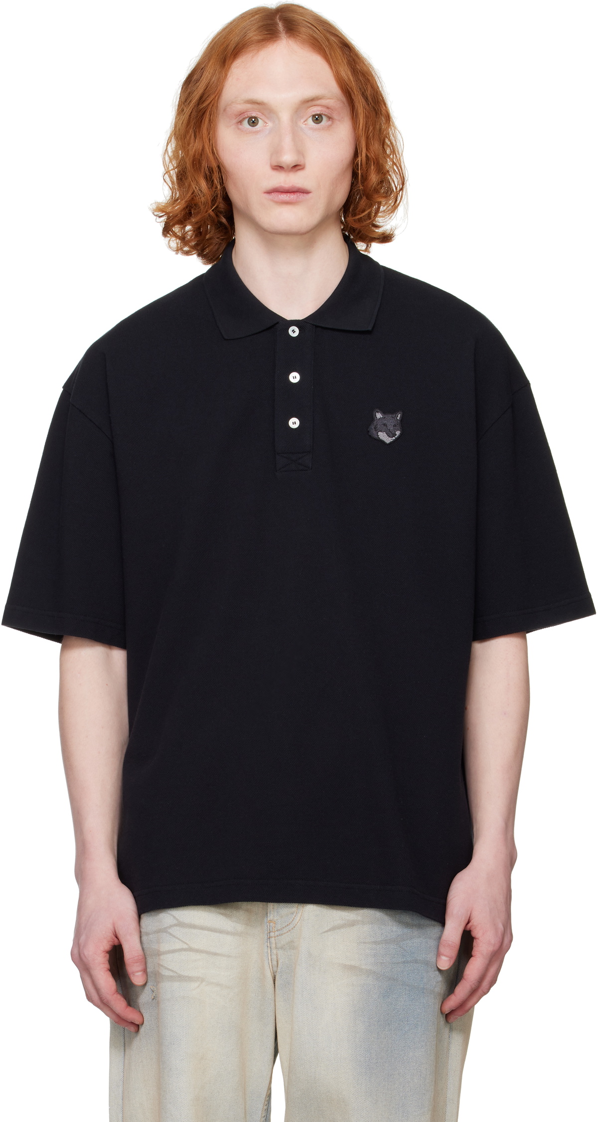 MAISON KITSUNE BOLD FOX HEAD PATCHポロ Maison Kitsuné Black Bold Fox Head Patch Oversize Polo