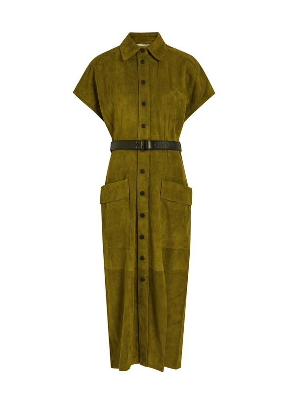 Photo: Skiim Liza Belted Suede Midi Shirt Dress Green
