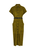 Skiim Liza Belted Suede Midi Shirt Dress Green