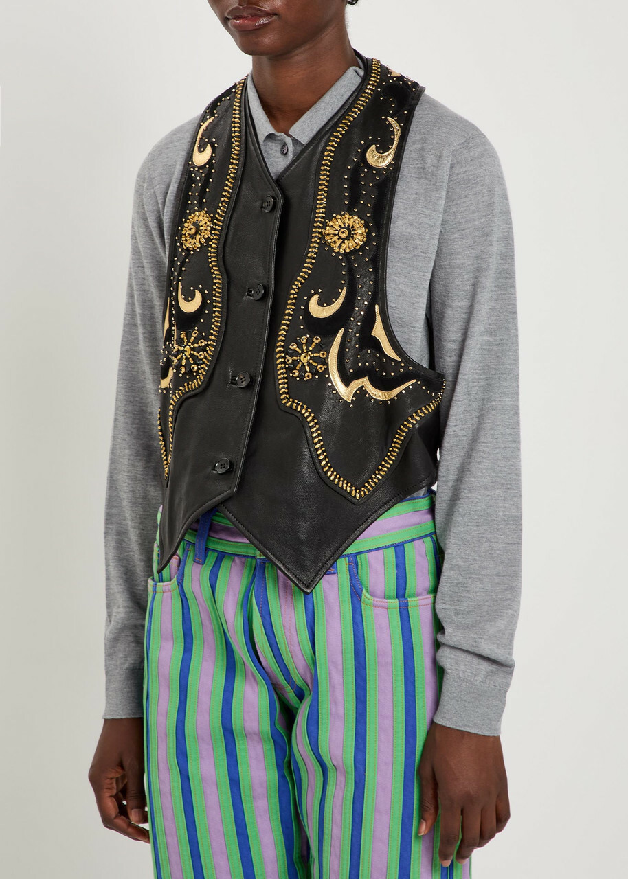 Versace Embellished Panelled Leather Vest Black