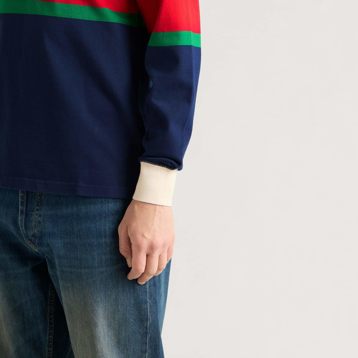 Drake's Men's Middle Stripe Rugby Shirt in Navy/Red/Green