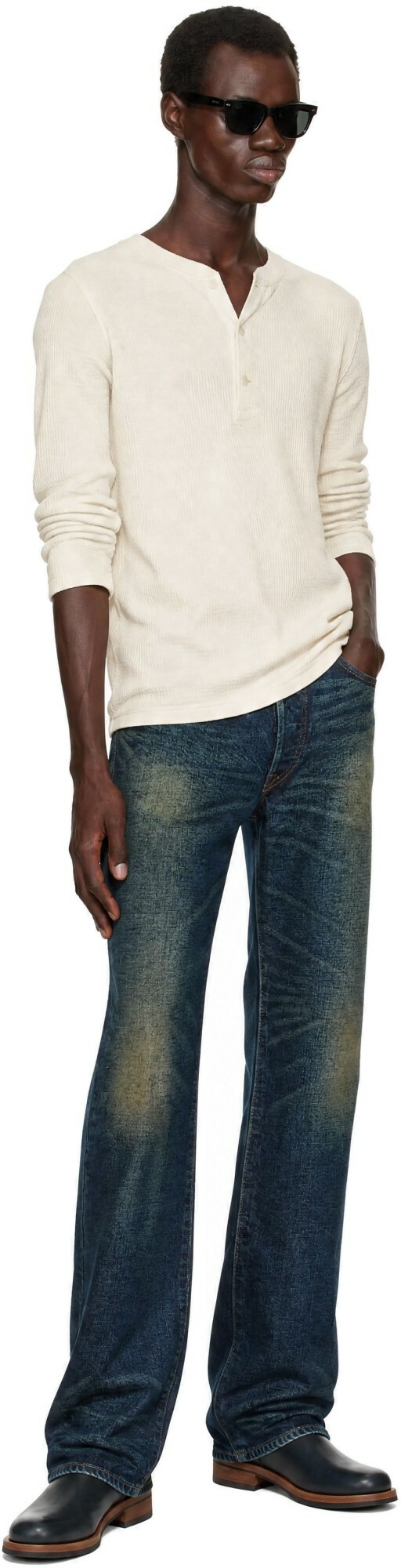 RRL White Waffle-Knit Henley