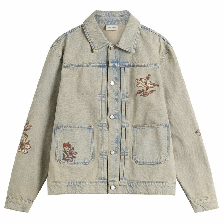 Photo: Drôle de Monsieur Men's Embroidered Flowers Patch Denim Jacket in Dusty