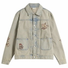 Drôle de Monsieur Men's Embroidered Flowers Patch Denim Jacket in Dusty