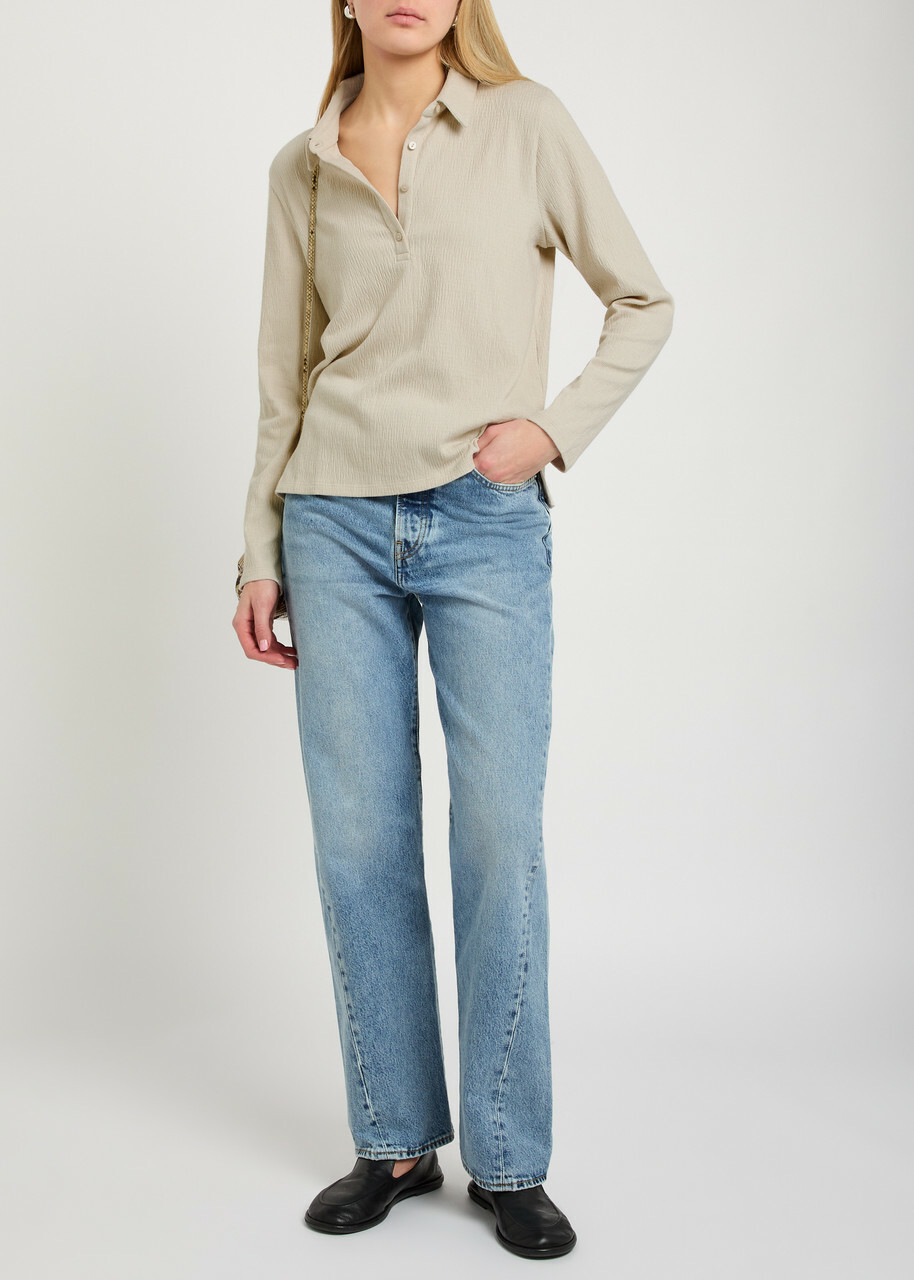 Eileen Fisher Henley Textured Cotton-blend Polo Shirt Beige