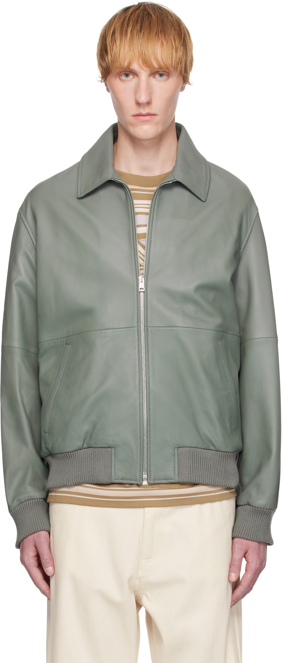 MAISON KITSUNEボンバージャケット新品 Maison Kitsuné Gray Zipped Leather Bomber Jacket Maison Kitsune