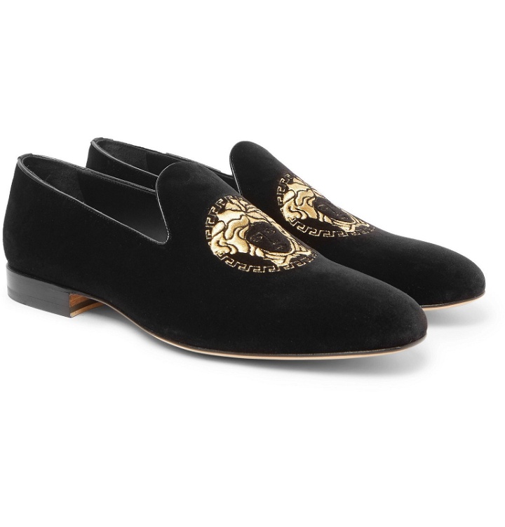 Photo: Versace - Logo-Embroidered Velvet Loafers - Black