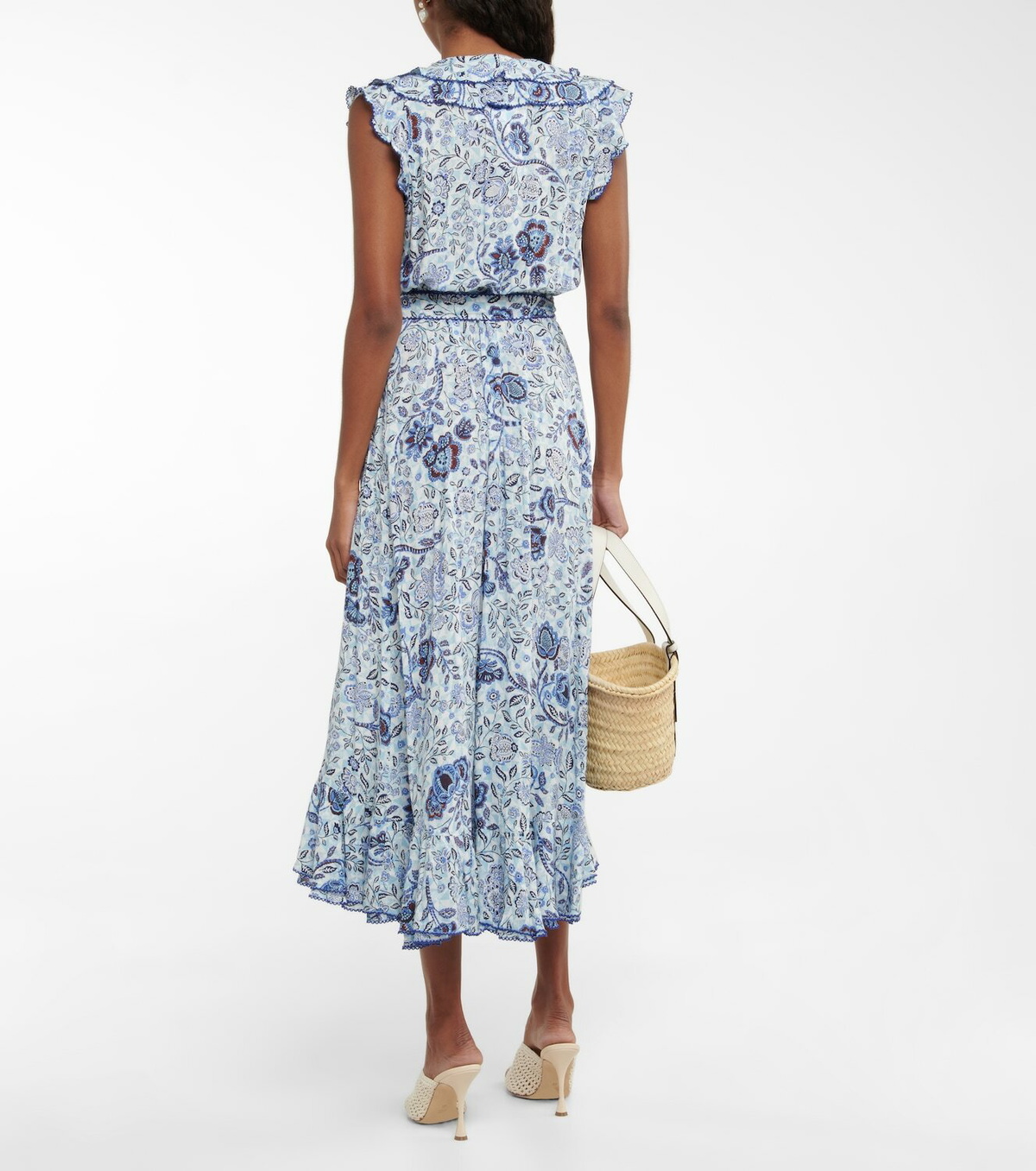 Poupette St. Barth Blue Orange Floral Tassel Neck Smocked Mini Dress