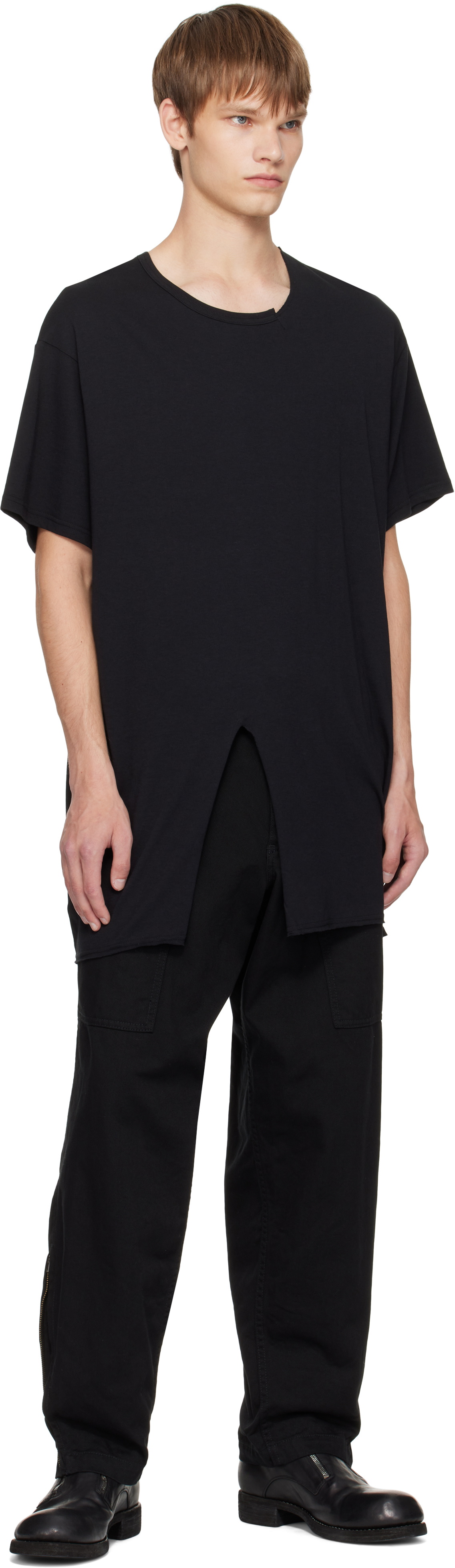 YOHJI YAMAMOTO Black Single Jersey Slit Round Neck T-shirt