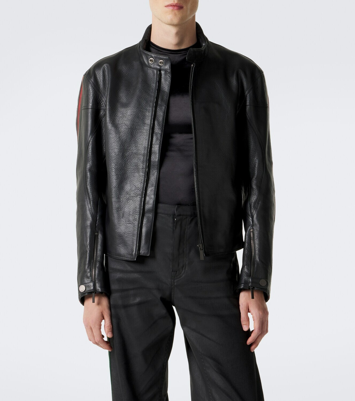 Gucci Web Stripe leather biker jacket