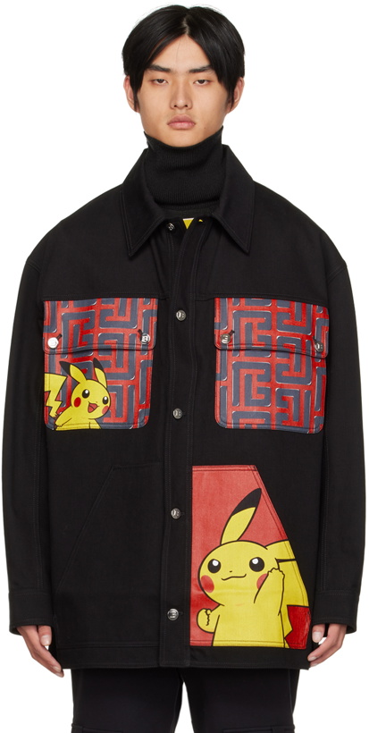 Photo: Balmain Black Pokémon Edition Printed Denim Jacket