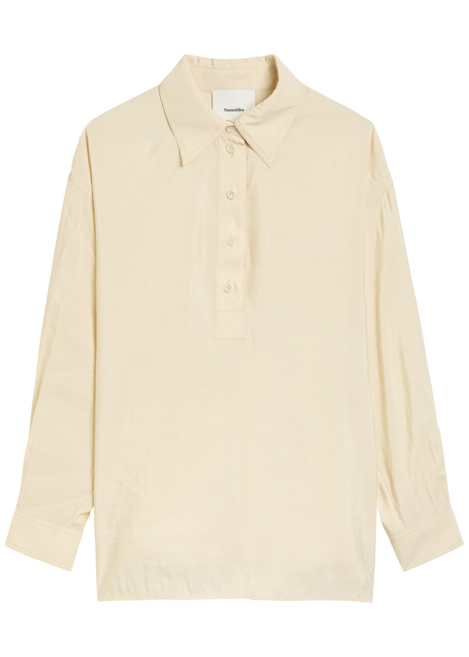 Nanushka Linka Crinkled Poplin Polo Shirt Cream
