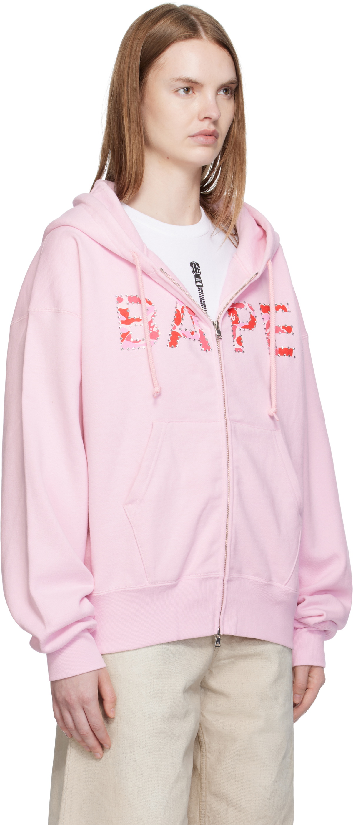 BAPE Pink ABC Camo Crystal Logo Wide Zip Hoodie