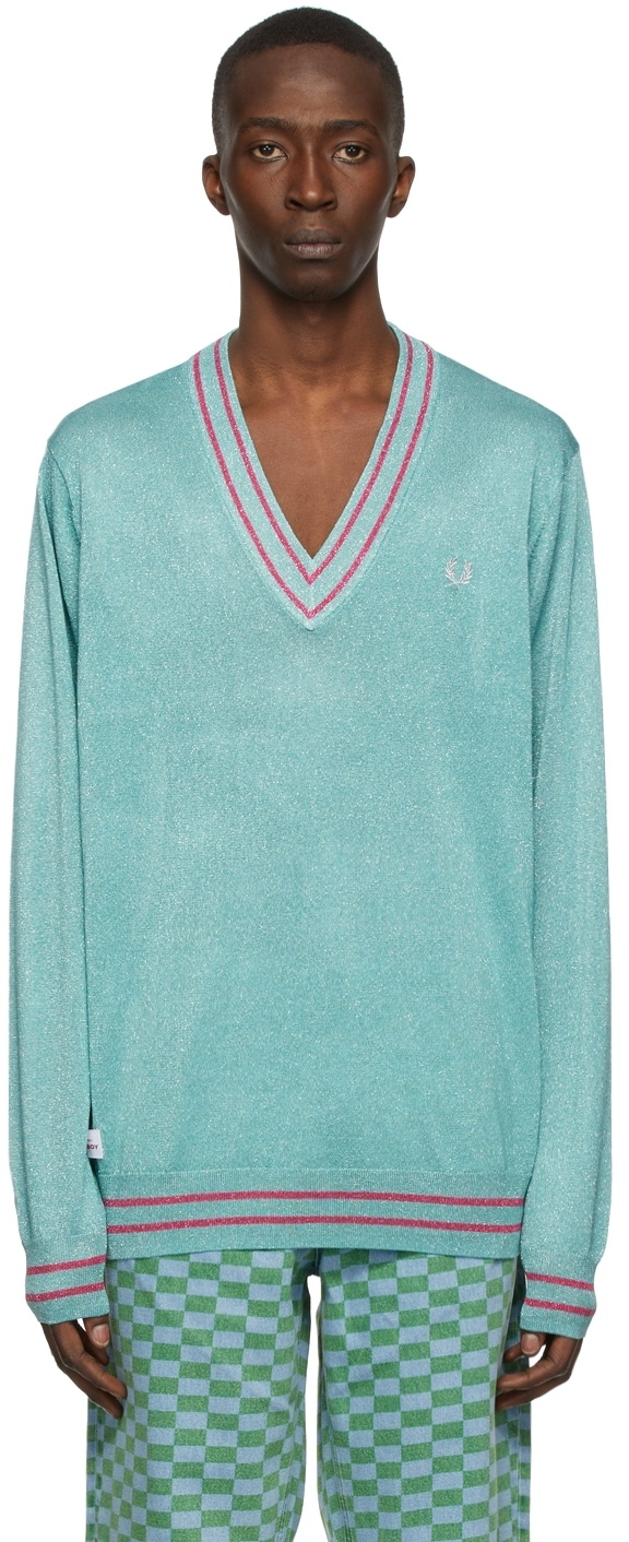 Charles Jeffrey Loverboy Blue Fred Perry Edition Knit Glitter V 