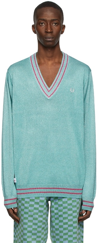 Photo: Charles Jeffrey Loverboy Blue Fred Perry Edition Knit Glitter V-Neck Sweater