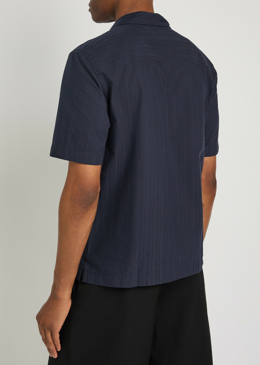 Sunspel Striped Embroidered Cotton Shirt Navy