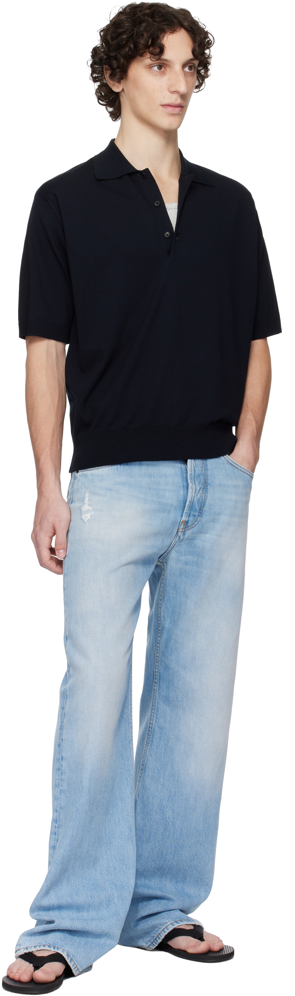 AURALEE Navy Super High Gauge Cotton Knit Polo Auralee