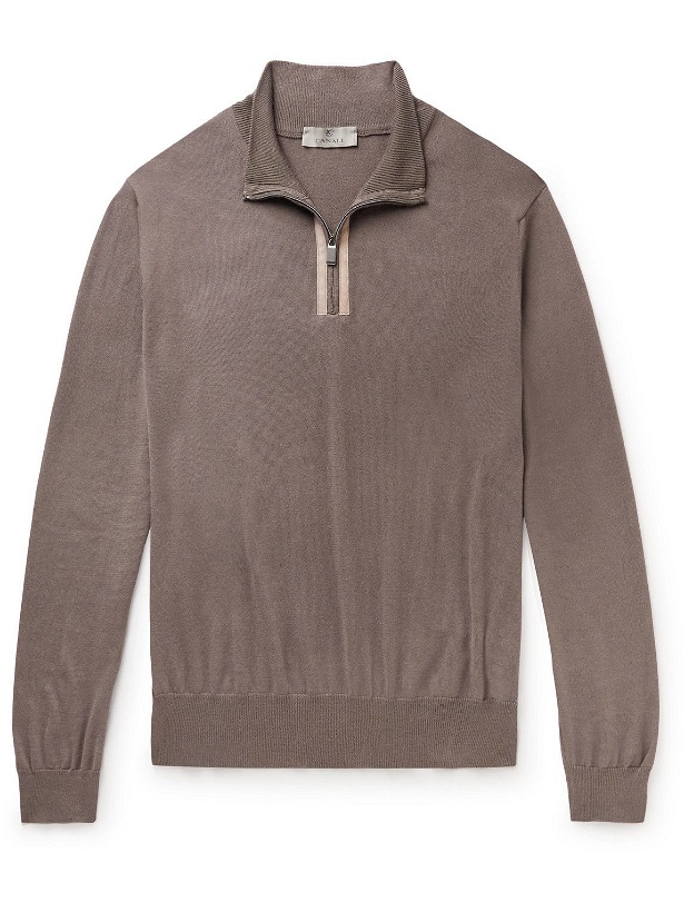 Photo: Canali - Suede-Trimmed Cotton Half-Zip Sweater - Brown