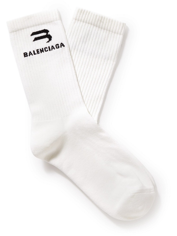 Photo: BALENCIAGA - Glow-In-The-Dark Logo-Intarsia Cotton-Blend Socks - White