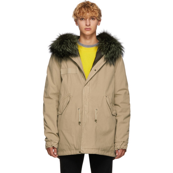 Photo: Mr and Mrs Italy Beige and Green Canvas Small Hooded Fur Parka