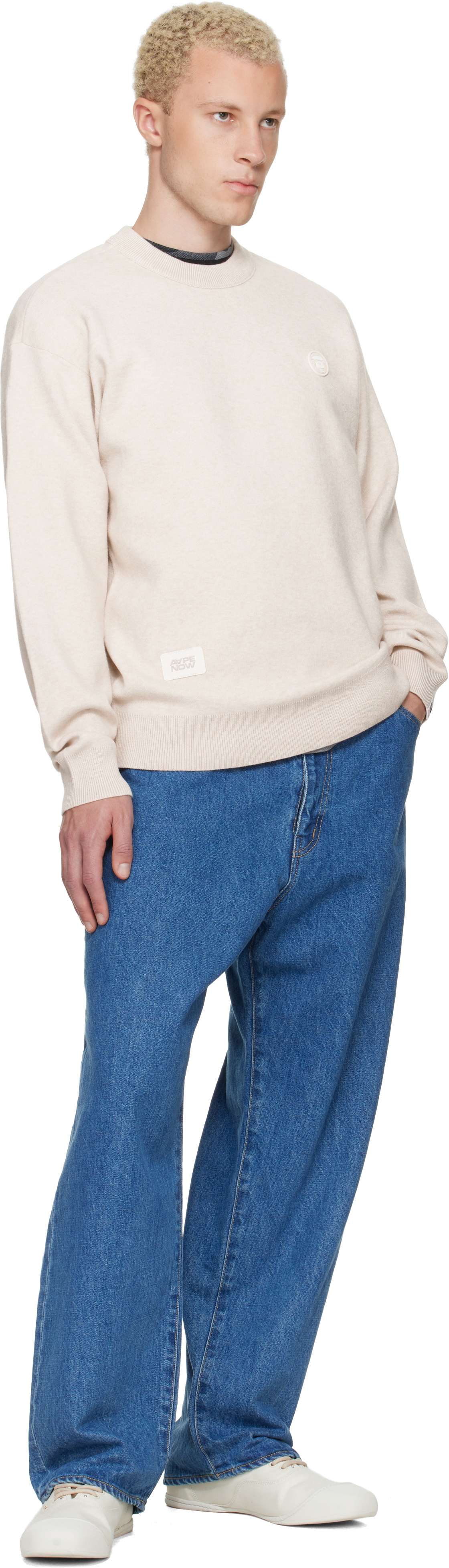 AAPE by A Bathing Ape Beige 'AAPENOW' Moonface Crew Neck Sweater