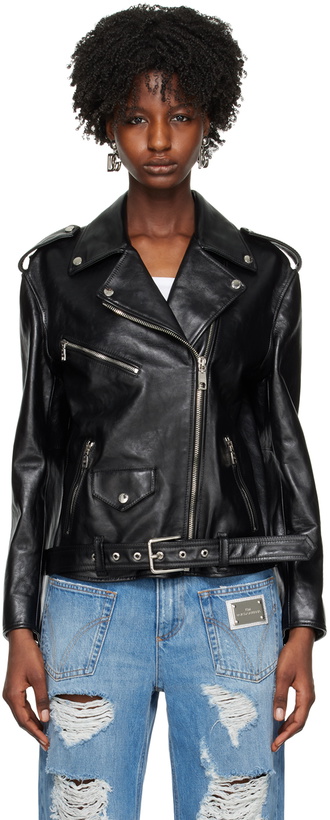 Photo: Dolce & Gabbana Black Pin-Buckle Belt Leather Jacket