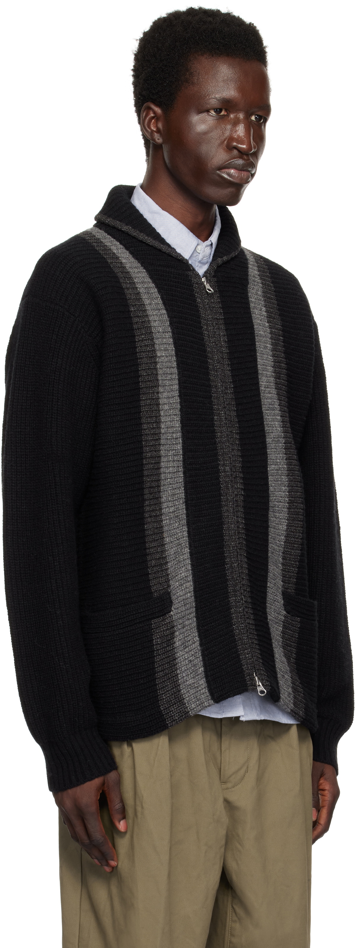 BEAMS PLUS Black Full Zip Shawl Collar Sweater