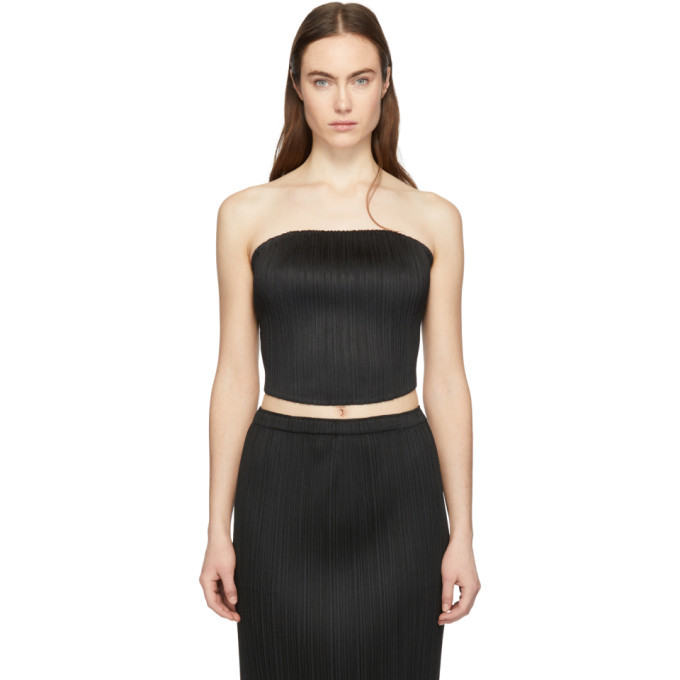 Pleats Please Issey Miyake Black Pleated Cropped Tube Top Pleats