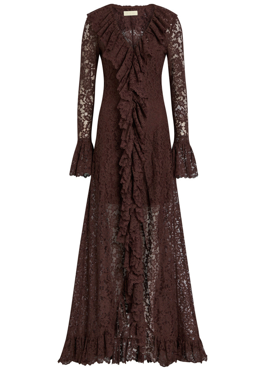 DE LA Vali Clementina Ruffled Guipure Lace Maxi Dress Brown